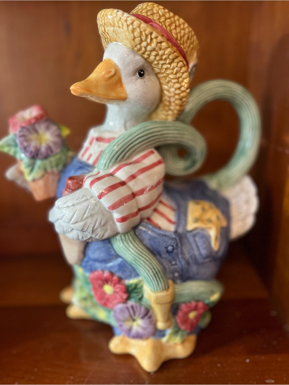 Vintage Fitz & Floyd Goose Pitcher Gardener Flowers Garden Hose Frog 1994 1.5 qt